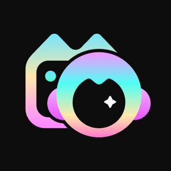 A colorful gradient logo featuring a stylized camera or character design in cyan, pink, and yellow hues on a black background.