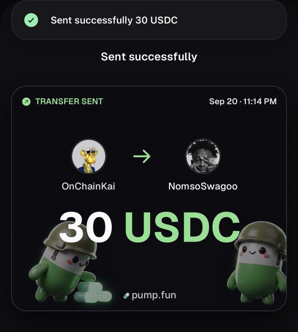 Screenshot of a successful crypto transfer of '30 USDC' from user 'OnChainKai' to 'NomsoSwagoo' via pump.fun.