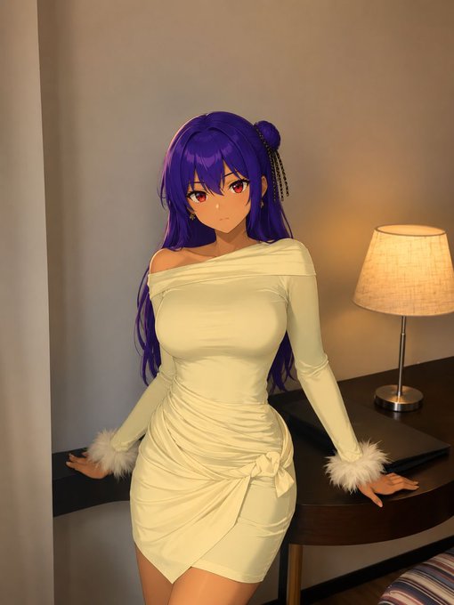 A 3D anime-style character with long purple hair and red eyes stands beside a desk with a lamp, wearing a fitted off-shoulder cream dress with fluffy wrist cuffs.