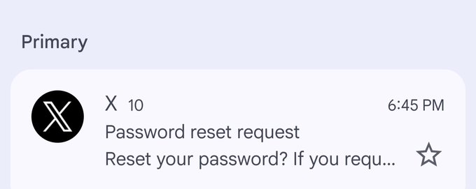 A screenshot of an email notification on an iPhone displaying a message from X (formerly Twitter) titled "Password reset request" received at 6:45 PM.