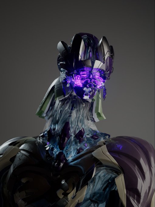 A dark, stylized 3D digital artwork depicting a futuristic cybernetic figure with a glowing purple energy core in its chest and a helmeted head featuring luminescent purple details, reflecting the NFT aesthetic of unique digital collectibles and generative crypto art.