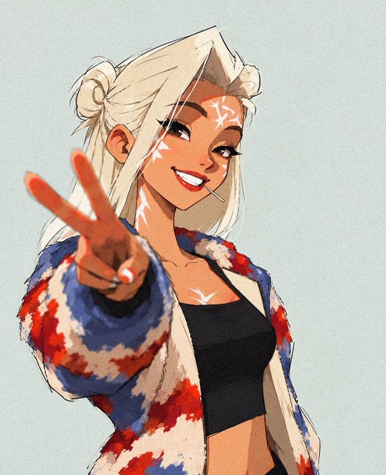 A digital anime-style illustration of a smiling blonde woman with white face markings, wearing a red, white, and blue patterned jacket over a black top, making a peace sign toward the viewer.