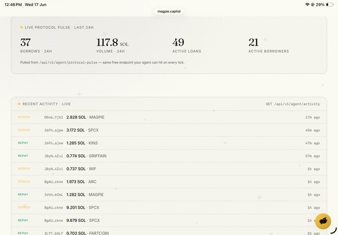 The image is a screenshot of a webpage that displays information about protocols, such as Magpie protocol Pulse, which is used for active lending. The webpage shows 37 instances of Magpie protocol Pulse and 47 active loans being processed. The first line indicates that the protocol pulse is currently active at 37:37 in volume. The second line states that there are 47 active borrowers. One interesting detail is that Magpie is also being utilized as a security instrument for real-time monitoring, with $MAGPIE serving as the collateral value.