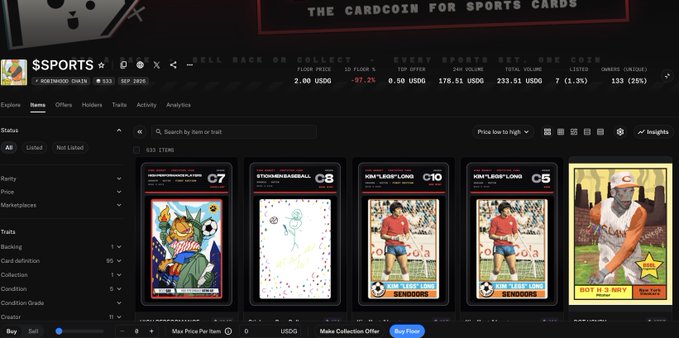 A cryptocurrency-based sports cards marketplace interface showing the '$SPORTS' token with a price of 2.00 USDG and a -97.2% price change, displaying collectible digital cards of baseball players including Ronaldo and Lionel Messi.