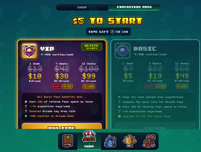 The image shows a screenshot of an online store called "@onchainheroes" that sells arcade maps for earning 1000 Marks, which can be used as XP points to get Jackbot. The website offers two types of accounts: VIP and regular. The VIP account allows players to join the game for $10 per week, while the regular account requires a minimum skill level of 12 weeks to earn XP. The post suggests that if you want to join the game but your skills aren't good enough yet, buying VIP is a great option.