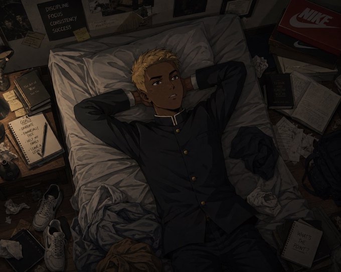 A young man in a Japanese school uniform lies on a messy bed surrounded by notebooks listing tasks like "GROW," "FINANCE," and "FIND MY OWN LANE," a Nike shoe box, and a book titled "WHAT'S THE POINT?" — visually echoing the post's theme of quiet self-reflection, lost motivation, and questioning one's purpose and direction in life.