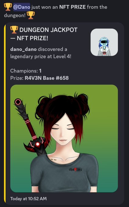 The image features a post about an NFT prize, which has been shared by someone named @DarkCoinASA Dungeon. The post includes a picture of a girl with red hair wearing a black shirt, along with text that reads "Dante's Daredevils #Algofam Another NFT winner in the @DarkCoinASA Dungeon! This time its a @StudioSEV3N R4V3N! 45 more NFT are hidden in the Dungeon! Are you brave enough to find one? Enter here: discord.gg/2Zb7aygMSf". The post is related to the NFT prize, and it seems that someone has won an NFT from the @DarkCoinASA Dungeon game.