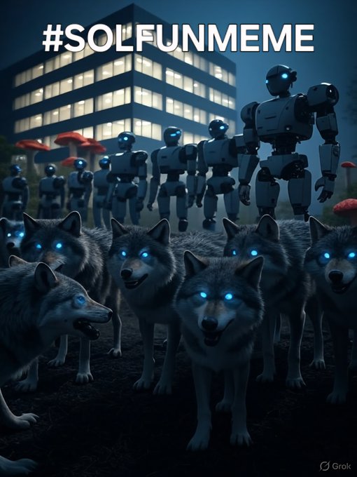 A digital artwork featuring a pack of grey wolves with glowing blue eyes in the foreground and humanoid robots with blue eyes standing behind them, set against an illuminated office building at night. The text '#SOLFUNMEME' is displayed prominently at the top, with a 'Grok' watermark in the bottom right corner.