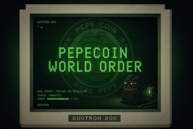A retro CRT computer monitor labeled 'QUOTRON 800' displaying a green screen with 'PEPECOIN WORLD ORDER' in pixel text and a Pepe the Frog character, with status readouts like 'COIN ENERGY: FUELING THE REVOLUTION.'