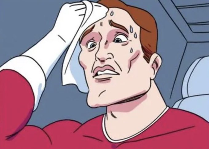 An animated cartoon character with brown hair, sweating nervously while wiping his forehead with a white cloth, wearing a red shirt.