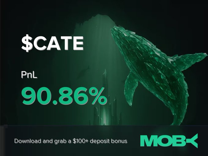 A promotional graphic for '$CATE' on the 'MOB' platform shows a PnL of '90.86%' alongside an underwater scene featuring a whale and divers, with text offering a '$100+ deposit bonus'.