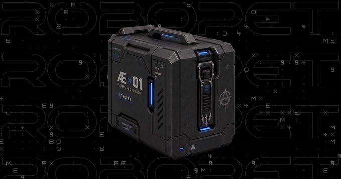 The image features a black box with blue lights inside, which appears to be a robot or machine. The text "ROBOPET® mint" can also be seen in the image. The background of the image is black, and there are white lines on it as well. The image includes a caption that reads: "ROBOPET® mint is now live on Netrun. ROBOPET® are digital creatures living inside the @solana  universe, forming one of the largest collections on @solana ...".