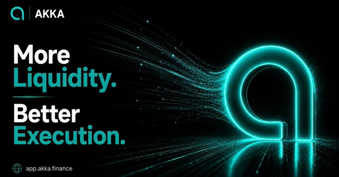 A dark promotional graphic for AKKA featuring a glowing teal "a" logo and the tagline "More Liquidity. Better Execution." alongside the URL app.akka.finance, visually reinforcing the post's message about AKKA providing optimized execution and access to the growing $17.5M daily trading volume on Robinhood's Stock Token DEX.