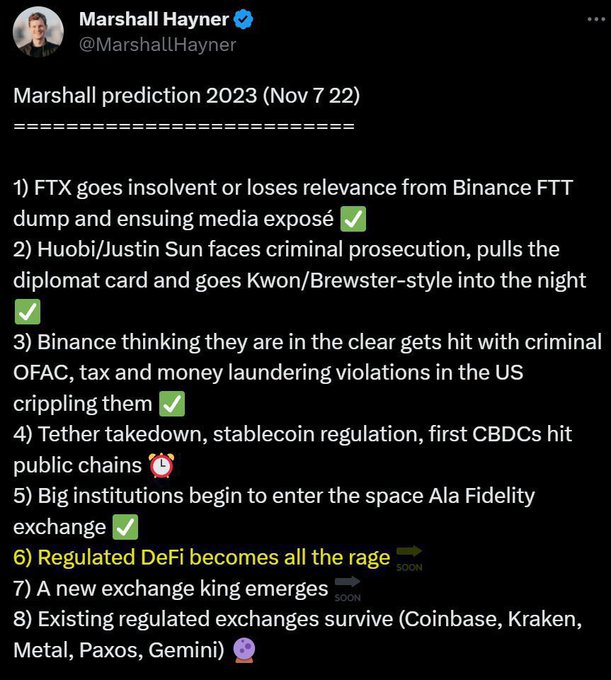 A tweet from Marshall Hayner (@MarshallLHayner) titled 'Marshall prediction 2023 (Nov 7 22)' listing eight crypto industry predictions including FTX insolvency, Huobi/Justin Sun prosecution, Binance violations, and Tether takedown, with several marked as correct with green checkmarks.