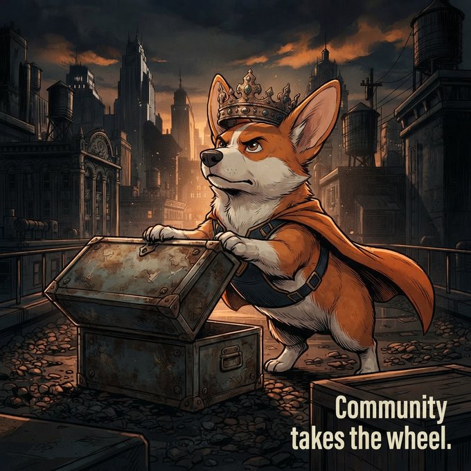 An illustration of a Corgi wearing a crown and cape, standing next to an open treasure chest in a dark, industrial-looking cityscape, with text at the bottom reading "Community takes the wheel."