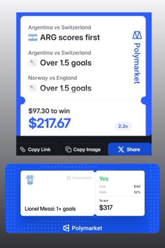 Polymarket betting interface showing a parlay for Argentina vs Switzerland (ARG scores first, both games Over 1.5 goals) with a $97.30 wager to win $217.67, plus a separate bet on Lionel Messi 1+ goals at $317.