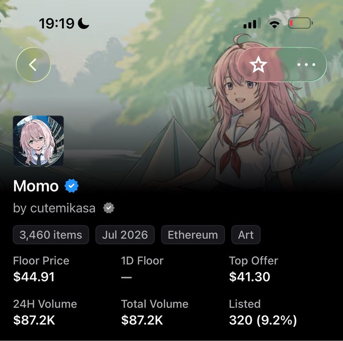 An NFT collection page on a mobile app showing 'Momo' by cutemikasa with a verified badge, featuring 3,460 items on Ethereum (Jul 2026), with a Floor Price of $44.91, Top Offer of $41.30, and 24H Volume of $87.2K.