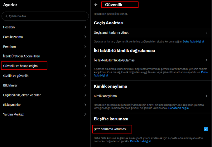 Twitter settings page in Turkish, with Security and account access (Güvenlik ve hesap erişimi), Security (Güvenlik), and Password protection (Şifre sıfırlama koruması) options highlighted.
