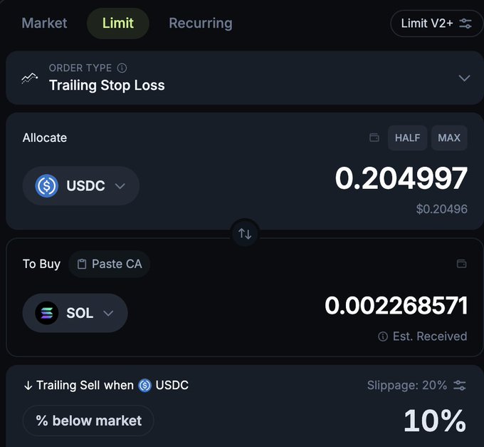 The image shows a Jupiter Exchange order interface configured to buy 0.002268571 SOL with 0.204997 USDC using a Limit order with a Trailing Stop Loss set to sell when USDC drops 10% below market, with 20% slippage—directly demonstrating the new trailing stop loss feature mentioned in the post.