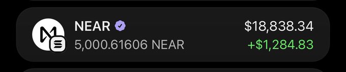 A dark-themed portfolio widget displays a holding of 5,000.61606 NEAR tokens worth $18,838.34, showing a positive gain of +$1,284.83 in green text. The NEAR logo appears on the left, visually supporting the post's message about earning profits ("getting paid") for holding the asset while others dismiss it.