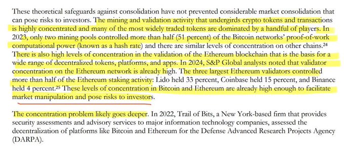 The image shows a highlighted excerpt discussing crypto market consolidation risks, noting that in 2023, only two mining pools controlled more than half (51%) of Bitcoin's proof-of-work hash rate, and that Lido, Coinbase, and Binance held 33%, 15%, and 4% of Ethereum staking respectively—concentrations high enough to facilitate market manipulation. The accompanying post's reference to Tether relates to this passage's broader concern about centralization in crypto, as Tether is among the major centralized entities contributing to such concentration risks.