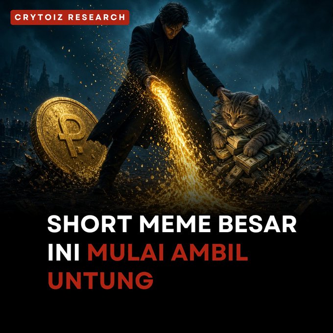 A dark promotional graphic labeled "CRYTOIZ RESEARCH" shows a man wielding a stream of liquid gold, a giant gold coin with a ruble symbol, and a tabby cat sitting on stacks of cash, with the text "SHORT MEME BESAR INI MULAI AMBIL UNTUNG".
