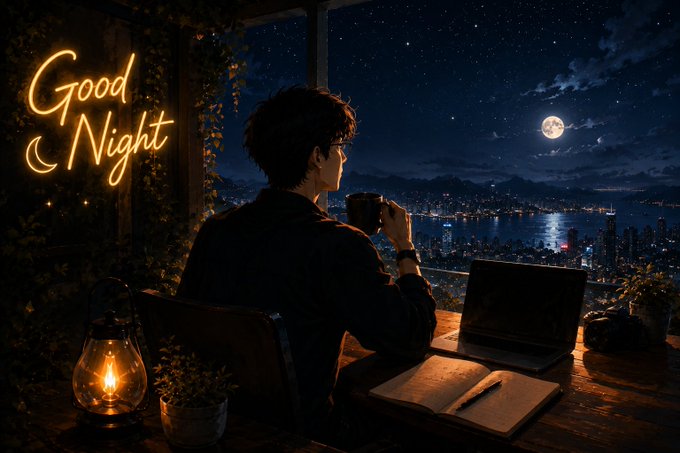 An anime-style digital illustration of a person drinking coffee by a window at night, with a glowing 'Good Night' sign and a moonlit cityscape in the background.