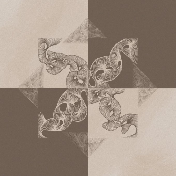 An abstract decorative design with flowing, swirling line art forming a cross-like pattern over a checkerboard background of beige and brown squares.