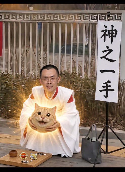 A man in traditional Japanese ceremonial attire kneels while holding a glowing orange cat with radiant light emanating from it, next to a banner reading "神の一手" (The Hand of God), with a Go board and a Binance-branded gift bag in the foreground, visually symbolizing the post's reference to "Binance's divine hand" making strategic moves in the crypto markets for #Mars and #Niulai.