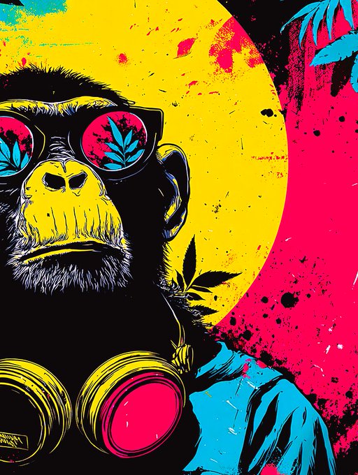 A colorful pop-art style illustration of a monkey wearing sunglasses with marijuana leaf reflections, a cannabis leaf in its mouth, and a tie-dye shirt, set against yellow and pink circular backgrounds.