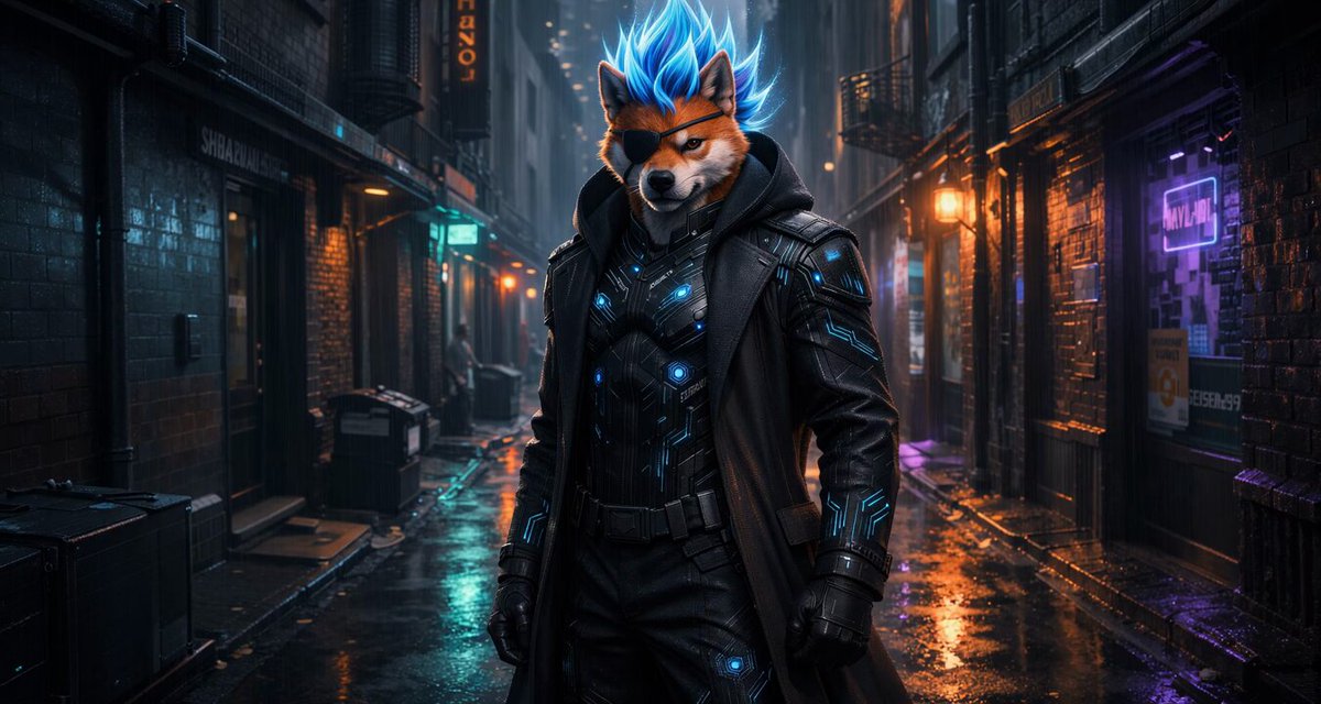 The image features a man dressed as a dog, standing in an urban setting with neon lights illuminating the scene. The man appears to be wearing a black coat and blue hair, giving him a unique appearance reminiscent of a wolf or a werewolf. There are several other people present in the background, but they seem to be unrelated to the main subject. The image does not contain any text, so it is unclear what the post is about.