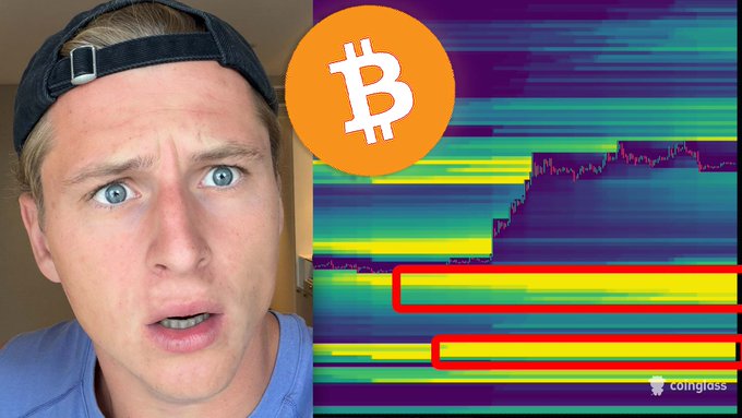 A man wearing a backwards cap appears shocked next to a Bitcoin liquidity heatmap from Coinglass, with red boxes highlighting significant liquidity zones that align with the post's warning about a concerning Bitcoin signal.