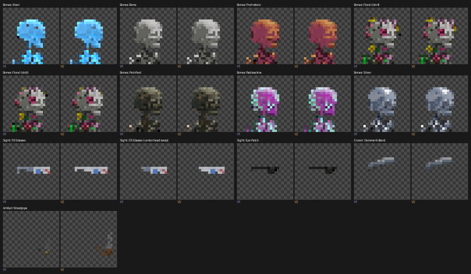 A sprite sheet for the game Boneloaf showing various character sprites including Boneloaf Blue, Boneloaf Skeleton, Boneloaf Skeleton Bridal, and several weapons like the Sight 20 Guzzler and Sight 20 Spawn.