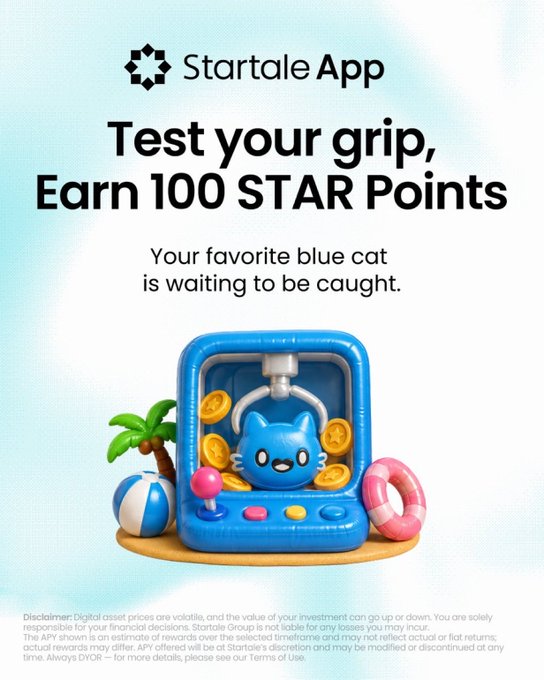 An advertisement for the Startale App featuring a 3D illustration of a blue cat claw machine, with the text 'Test your grip, Earn 100 STAR Points' and a disclaimer about digital asset volatility.