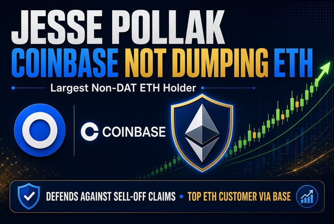News graphic titled 'JESSE POLLAK - COINBASE NOT DUMPING ETH' identifying Coinbase as the 'Largest Non-DAT ETH Holder' with text noting 'Defends Against Sell-Off Claims' and 'Top ETH Customer via Base'.