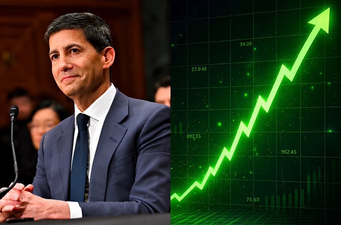 A split image showing a man in a suit appearing to testify at a hearing on the left, alongside a green stock chart with an upward-trending arrow and various numerical values like 34.09, 57.845, 892.55, and 952.45 on the right.
