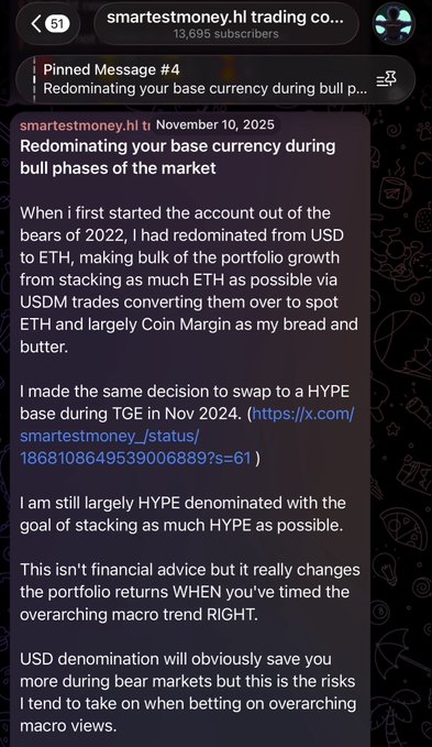 The image is a screenshot of an open text message from a person named @SmartMarket trading crypto coins. The message says that they are considering selling their portfolio into Bitcoin and Ethereum. It also mentions something about a market trend which has been ongoing since January 4, 2026. There's another post in the same conversation where someone reassures the user about their ability to navigate through this market with the @HYPER liquid strategy. They advise the user not to focus on what is currently happening but rather concentrate on long-term goals and strategies for stacking cryptocurrency capital. The image also contains text that seems unrelated, suggesting it might be a casual snapshot of the message or a distraction from the main content.
