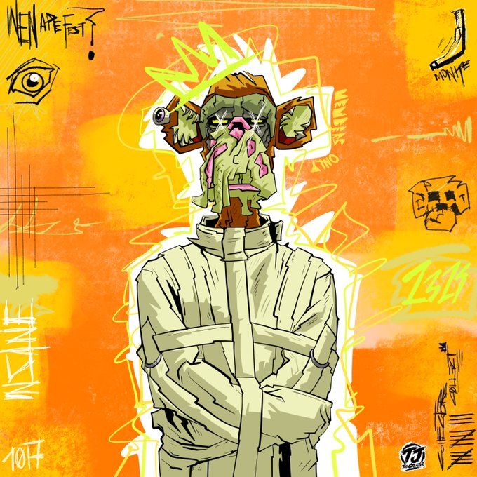 A vibrant street-art style digital illustration on an orange background depicting a stylized character wearing a straitjacket, signed 'NEON APE FIST' with the number '1017'.