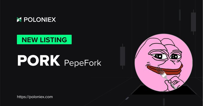 Poloniex exchange announcement graphic for a new listing of 'PORK (PepeFork)' featuring a pink cartoon Pepe-style character smoking a joint, with the URL https://poloniex.com.
