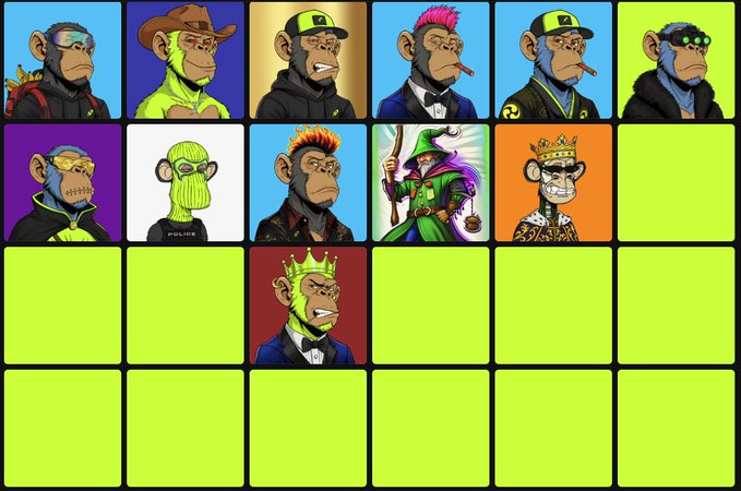 A grid of various cartoon monkey NFT-style characters, featuring different traits like hats, sunglasses, and clothing against colorful backgrounds, with some empty green slots at the bottom.