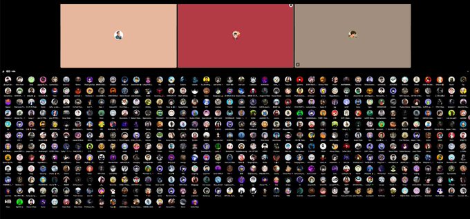 A screenshot displays a Pokemon sprite selection menu with three preview boxes at the top and a massive grid of hundreds of circular Pokemon icons below.