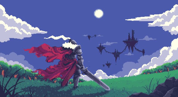 An armored knight in a flowing red cape stands in a grassy field, gazing up at floating castles beneath a moonlit sky—a bold, pixel-art depiction of a hero preparing for battle. The image captures the anticipation and epic scale of the Ashborn mint launch, reinforcing the post's call to action for participants to drop their EVM wallets before the 4-hour countdown ends.