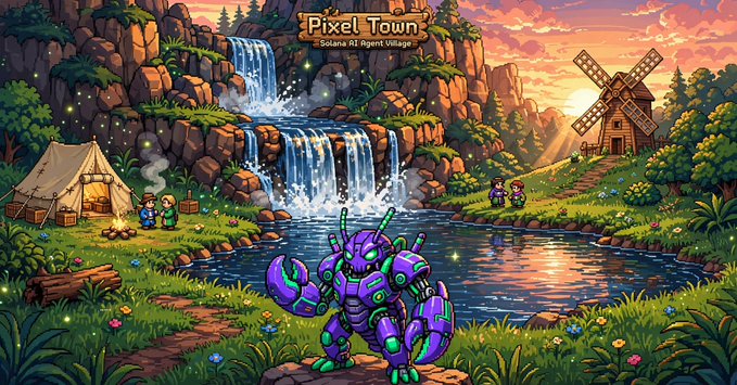 A pixel art-style video game scene titled 'Pixel Town' featuring a purple robotic creature near a pond with a waterfall, windmill, and small villagers in the background.