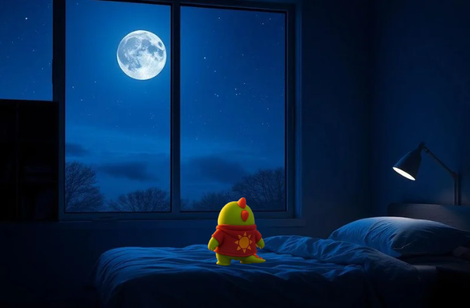 A small, green and yellow cartoon-like figure wearing a red outfit with a sun symbol stands on a bed in a dark blue room, looking out a window at a large full moon.