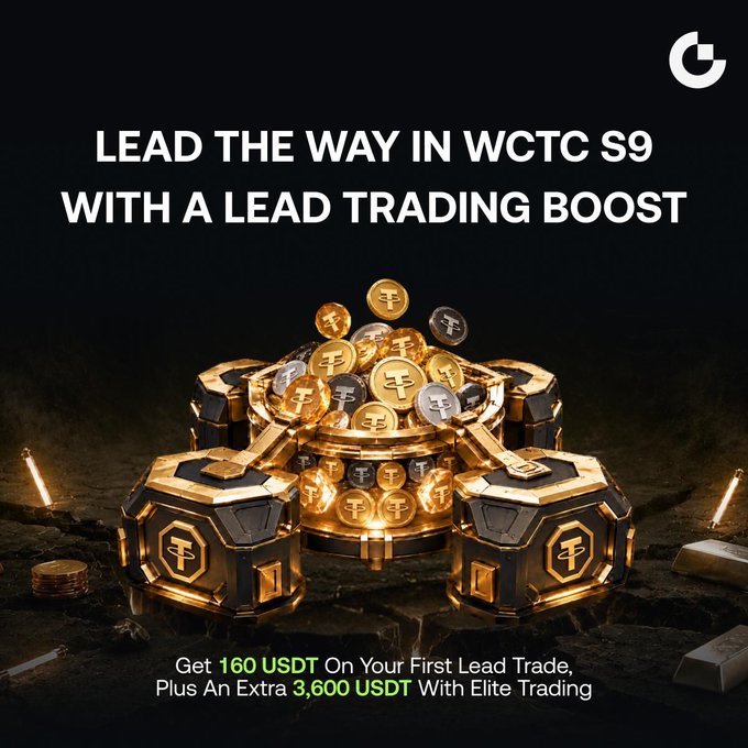 Promotional graphic for a crypto trading competition reading 'LEAD THE WAY IN WCTC S9 WITH A LEAD TRADING BOOST' offering 160 USDT on first trade plus 3,600 USDT.