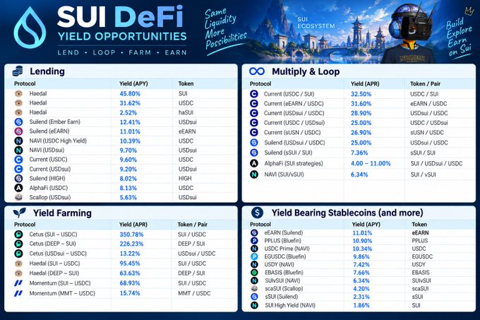 An infographic listing 'SUI DeFi YIELD OPPORTUNITIES' categorized into Lending, Multiply & Loop, Yield Farming, and Yield Bearing Stablecoins, showing protocols, APYs, and tokens.
