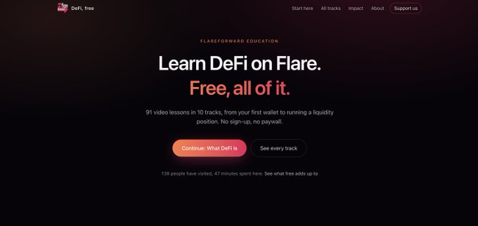 A landing page for "DeFi, free" by FLAREFORWARD EDUCATION with the headline "Learn DeFi on Flare. Free, all of it." and a description about 91 video lessons in 10 tracks.