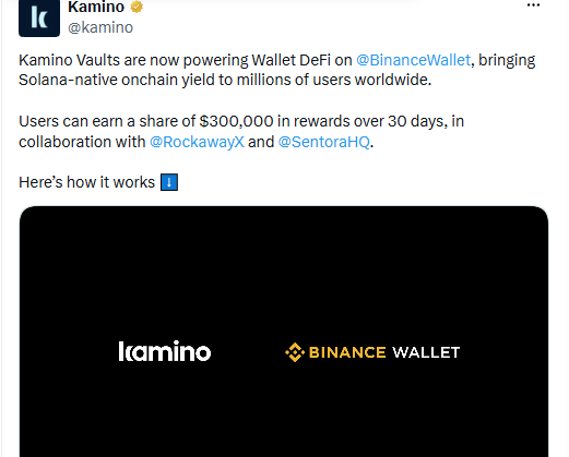 A tweet from Kamino (@kamino) announcing that Kamino Vaults now power Wallet DeFi on Binance Wallet, offering Solana-native onchain yield with $300,000 in rewards over 30 days in collaboration with RockawayX and SentoraHQ.