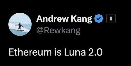 A tweet from verified user Andrew Kang (@Rewkang) boldly declares "Ethereum is Luna 2.0," referencing the failed Terra blockchain in a controversial comparison that aligns with his bearish "ETH OBITUARY #142" post.