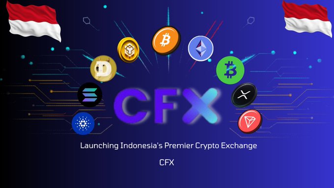 The image features a banner with a blue background, surrounded by various symbols related to cryptocurrency. The text "CFX" is prominently displayed at the top of the image. Below this, there are logos for Indonesia's premier crypto exchange CFX, which includes a flag and a Bitcoin symbol. The post also mentions that launching Indonesia's premium crypto exchange CFX will be happening in Central Finansial X (CFX) next week.